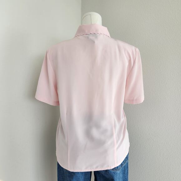 Vintage 80s Joanna Pink Embroidered Scalloped Button Down Short Sleeve Blouse M - Picture 7 of 10